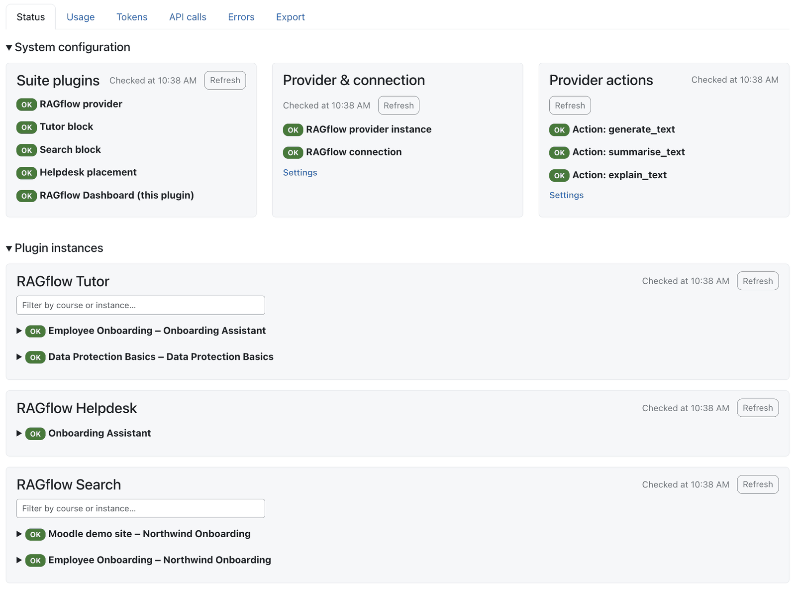 Dashboard status tab with the System configuration and Plugin instances sections