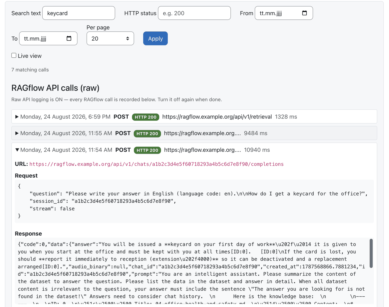 Dashboard API calls tab with filters and one expanded call row