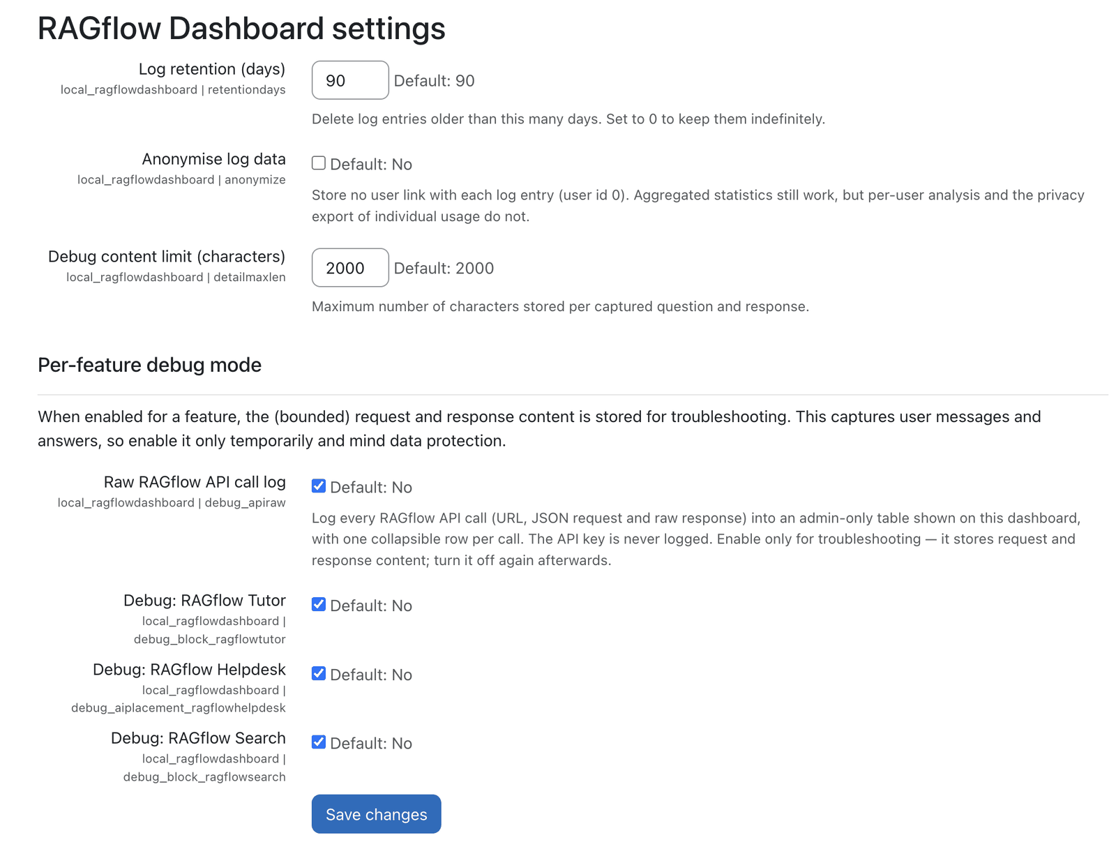 Admin settings of the RAGflow Dashboard with retention and debug options