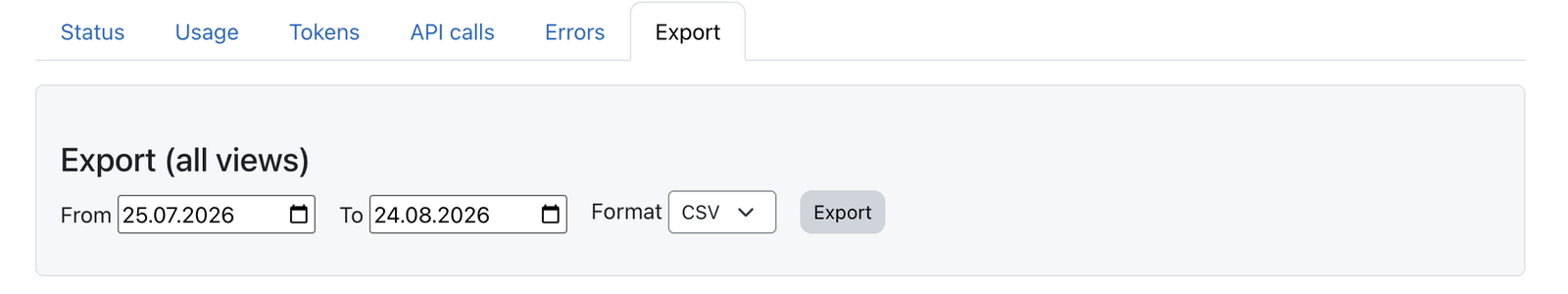 Dashboard export controls with a date range selector