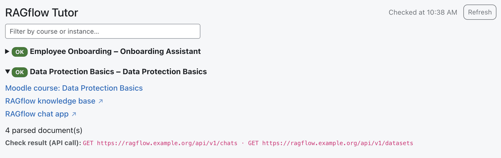 A dashboard status plugin instance expanded, showing the course and RAGflow links
