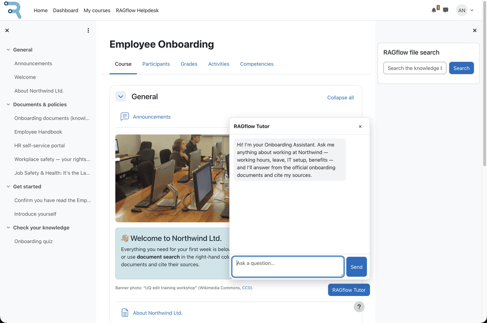 Student view of a Moodle course with the RAGflow Tutor drawer open