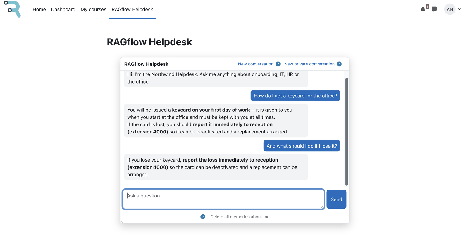Student view of the RAGflow Helpdesk chat page