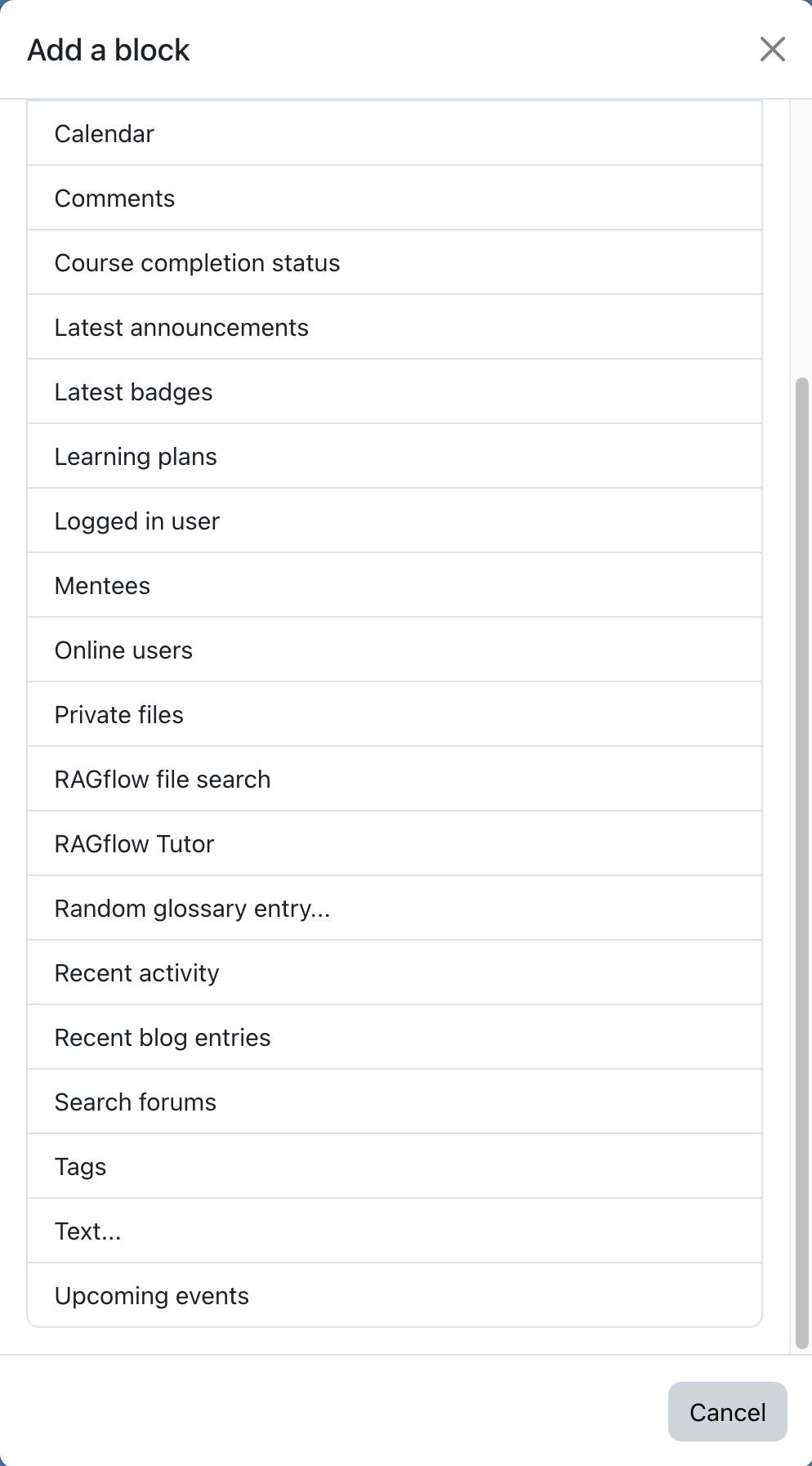 Moodle Add a block dialog with RAGflow Tutor highlighted
