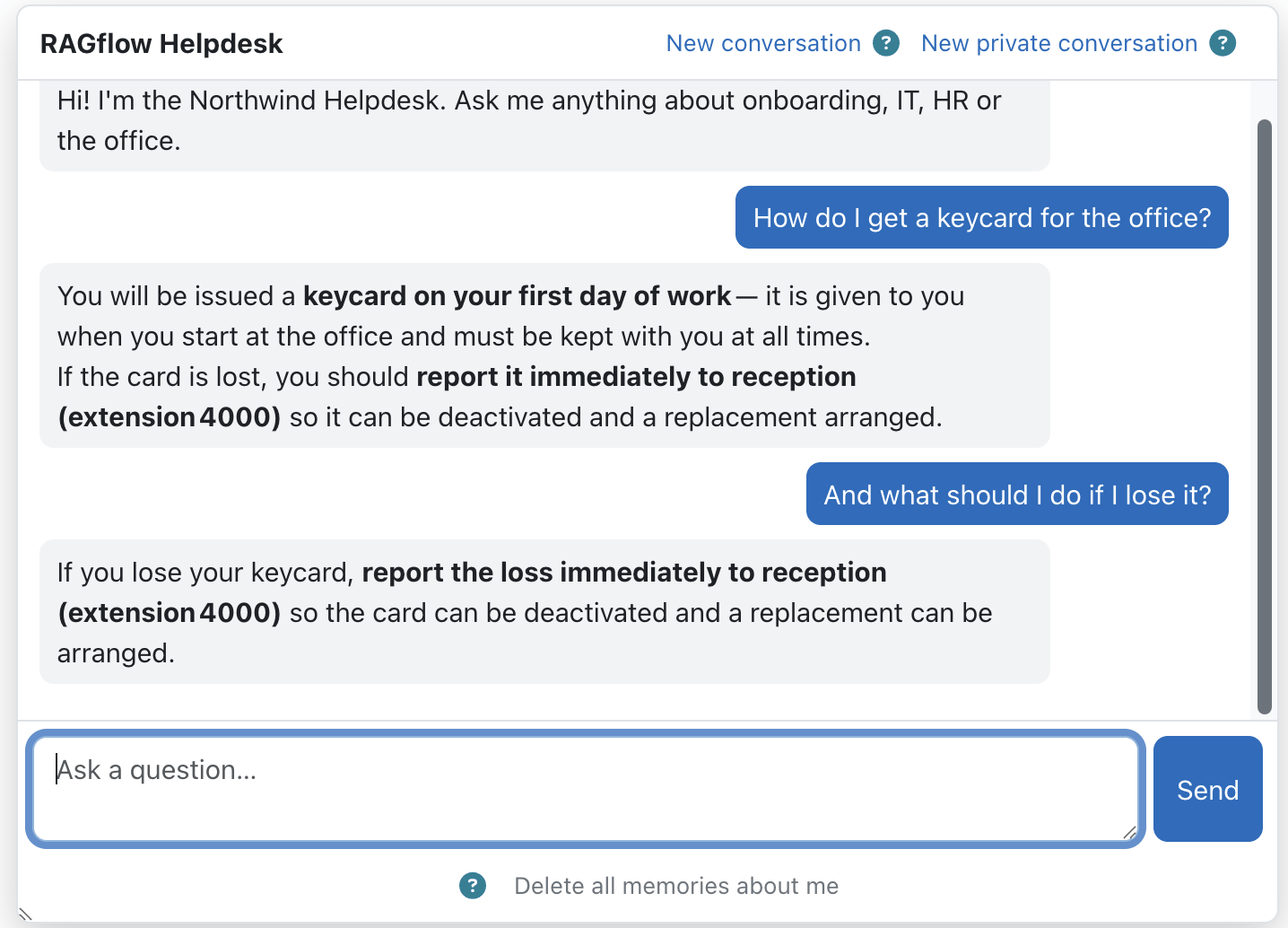 RAGflow Helpdesk chat page with the greeting and a first answer