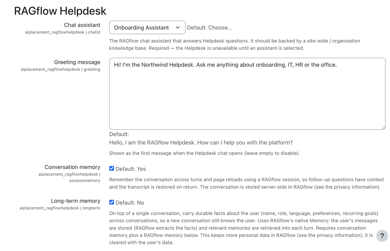 Admin settings page of the RAGflow Helpdesk placement
