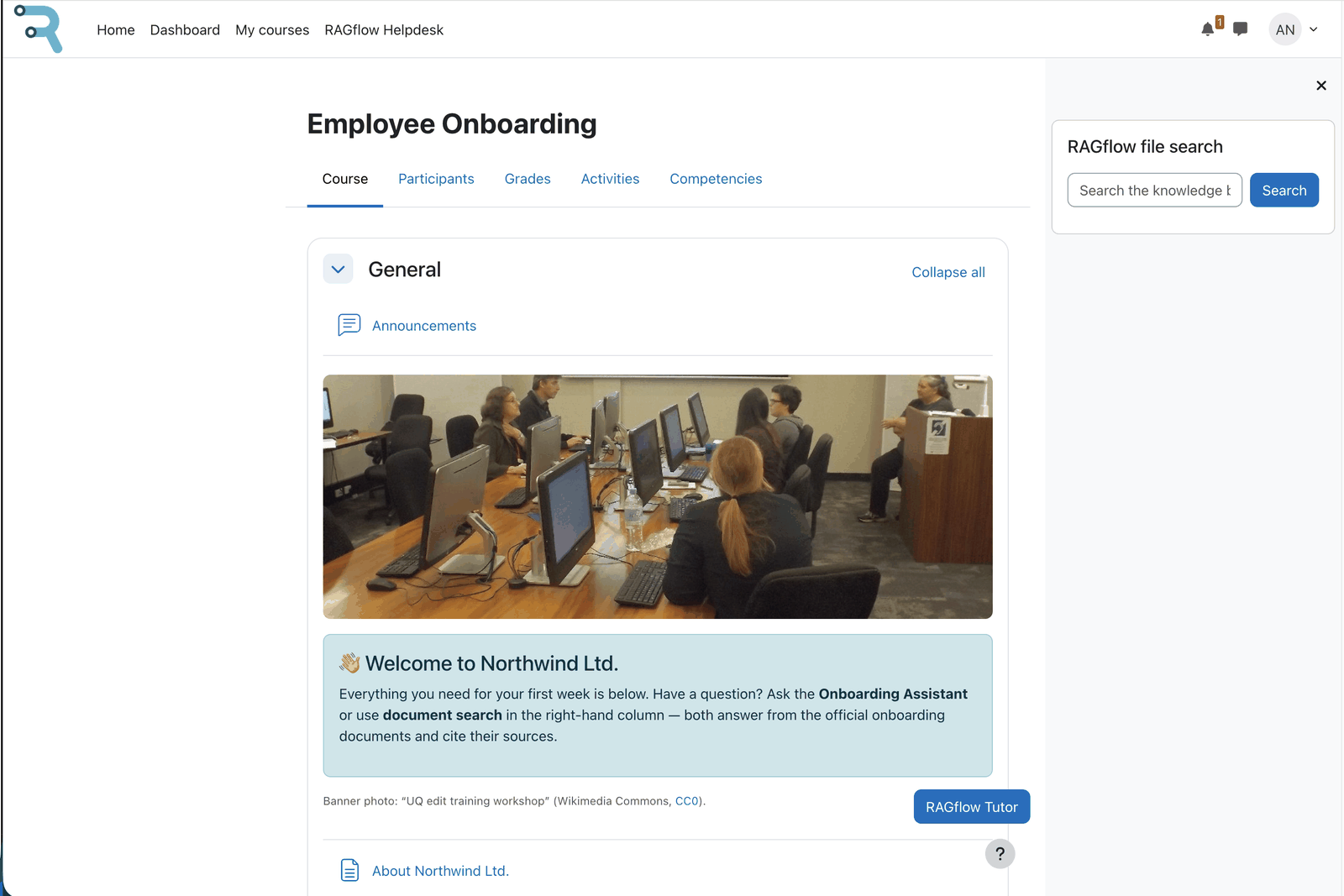 Moodle course page with the RAGflow Tutor block and the RAGflow Search block