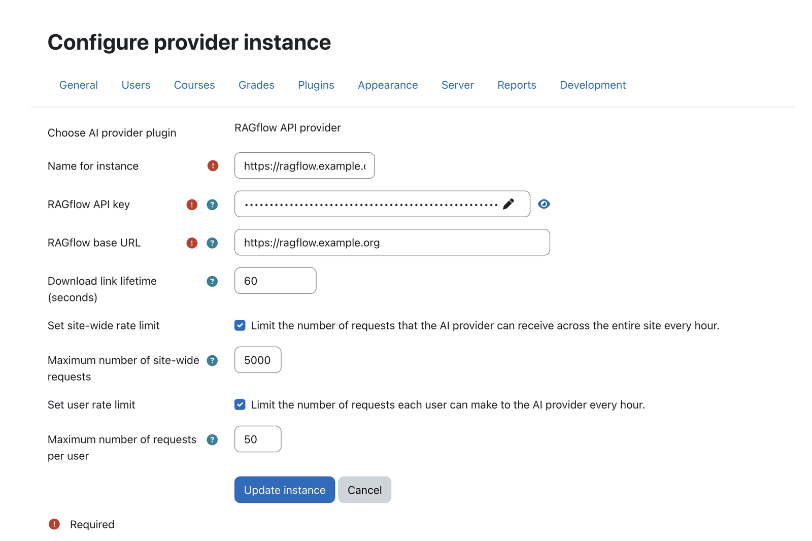 RAGflow AI provider instance settings in Moodle