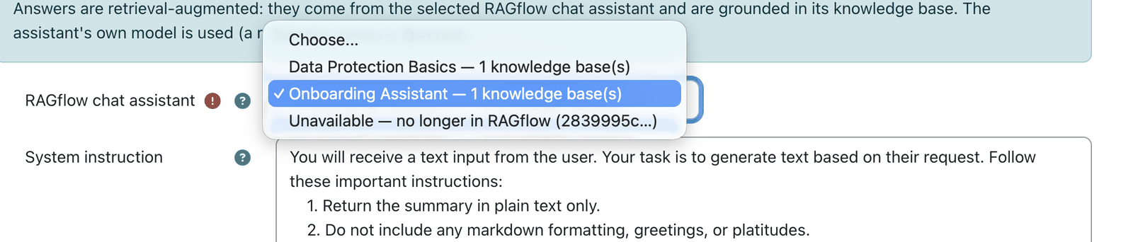 Open dropdown listing RAGflow assistants with their knowledge-base document counts