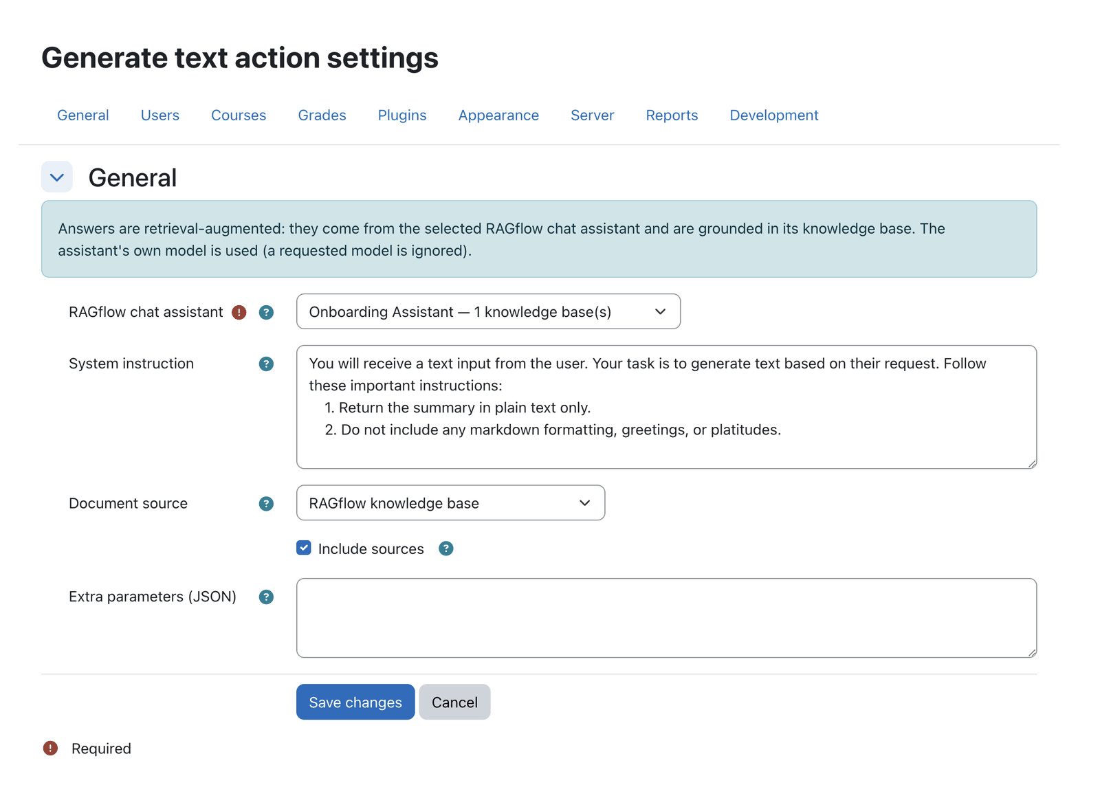 Per-action configuration form for the RAGflow provider showing document source and course scope