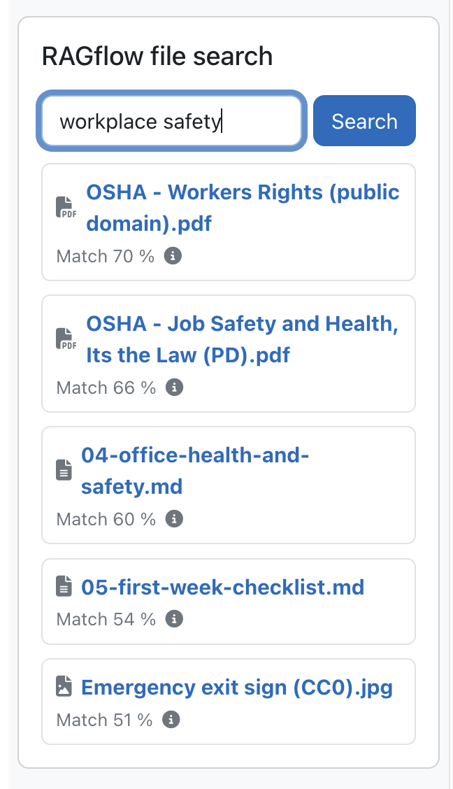 Search results with relevance scores and text snippets linking to documents