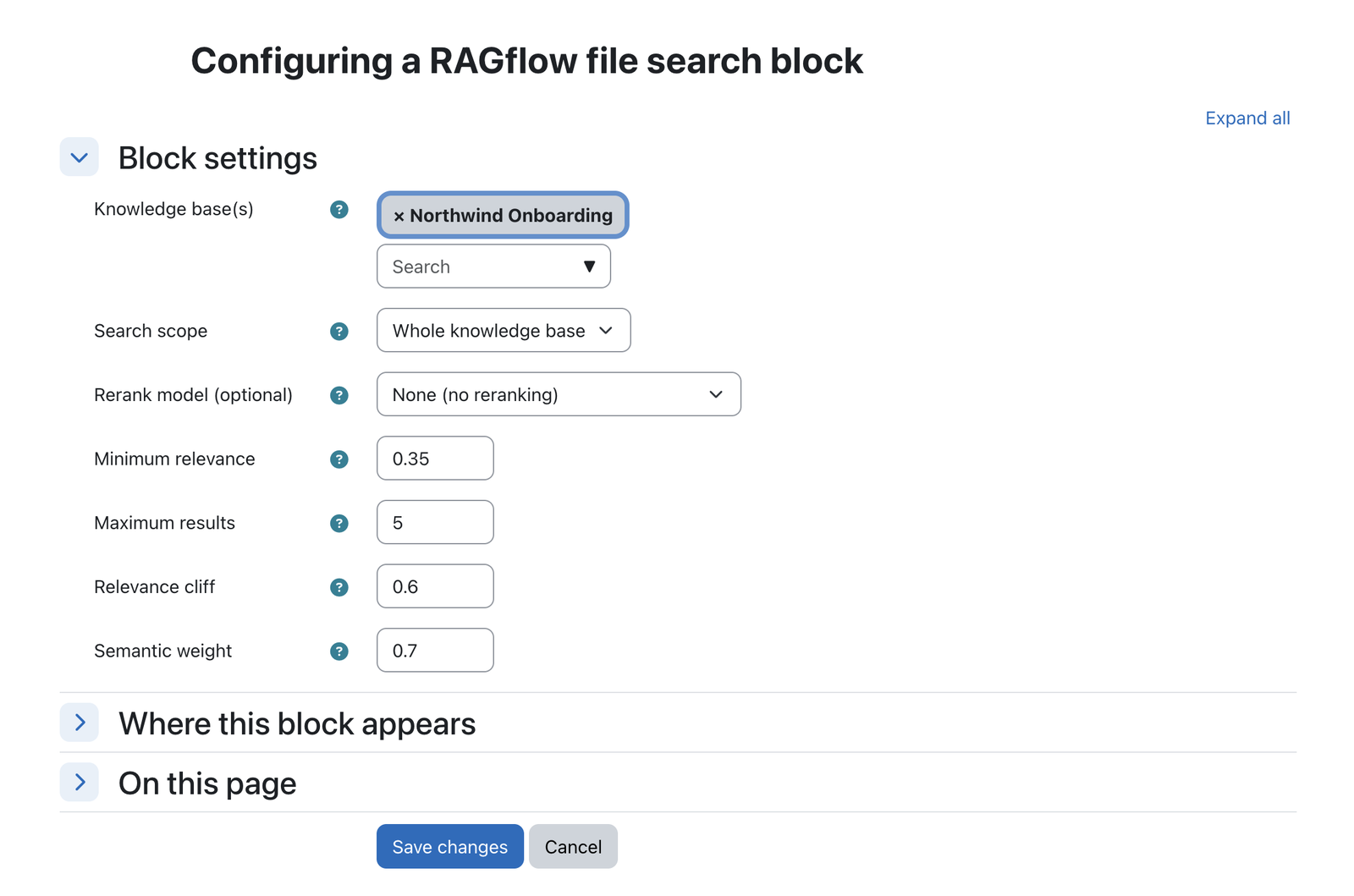 Configuration form of the RAGflow search block showing datasets, scope and thresholds