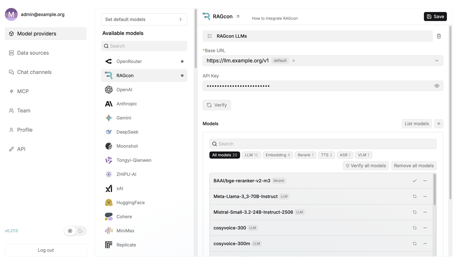 RAGflow Model providers page with a chat, embedding and rerank model configured