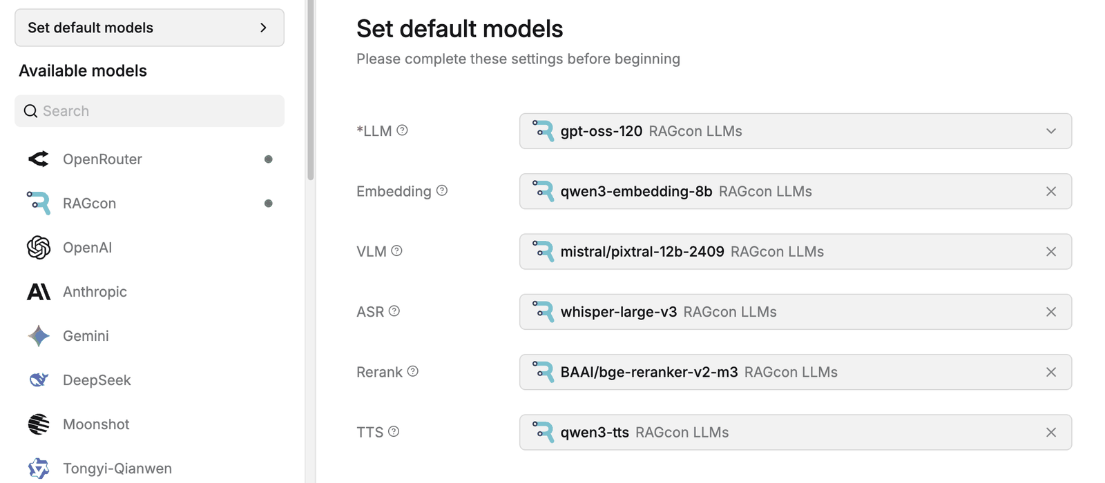 RAGflow Set default models dialog with chat, embedding and rerank selected