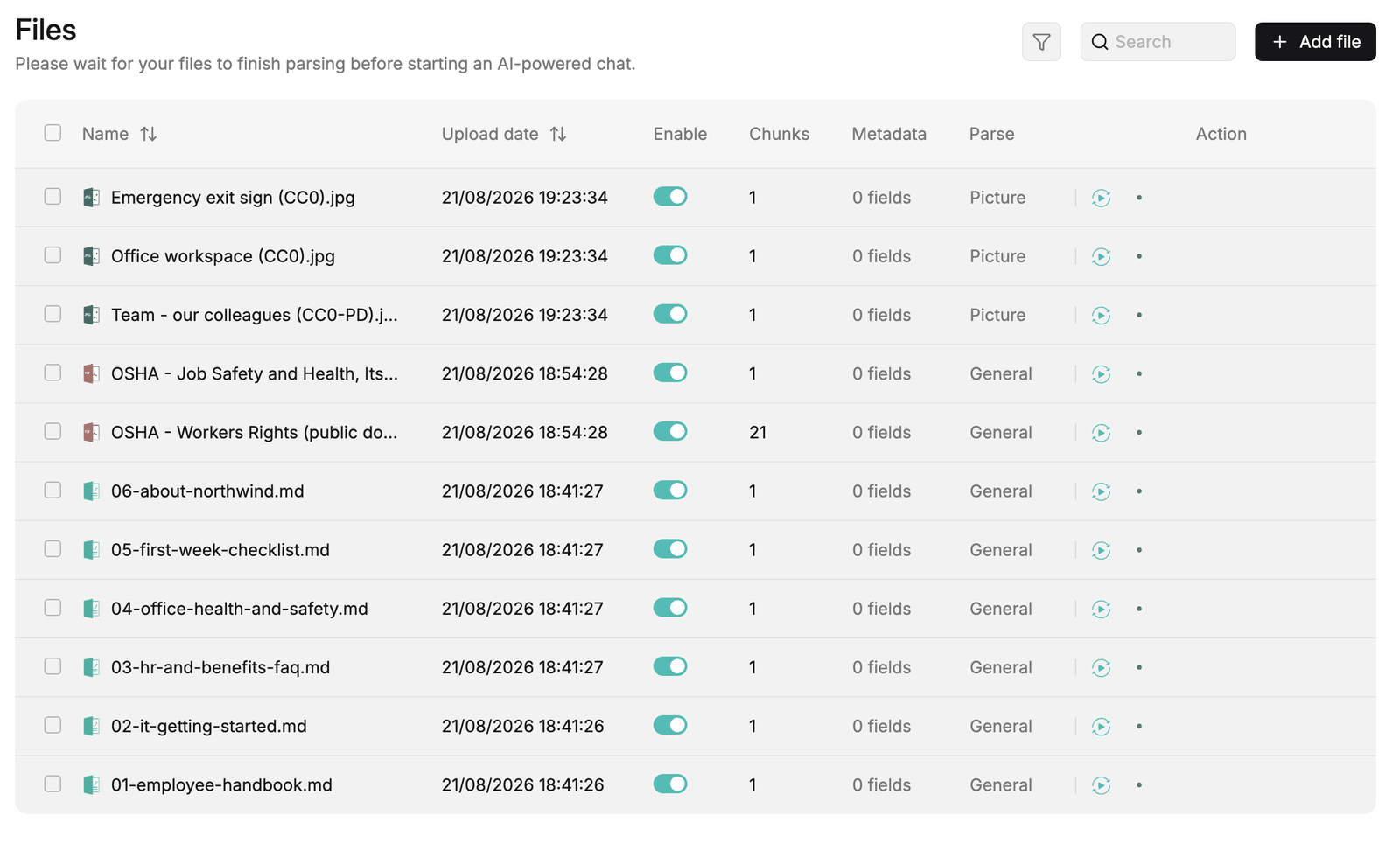 RAGflow dataset with uploaded documents, parsing status SUCCESS