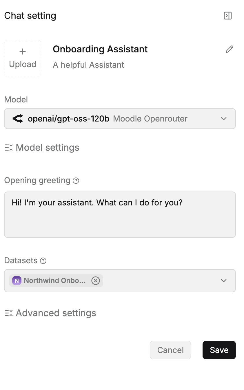 RAGflow assistant configuration with the knowledge base selected