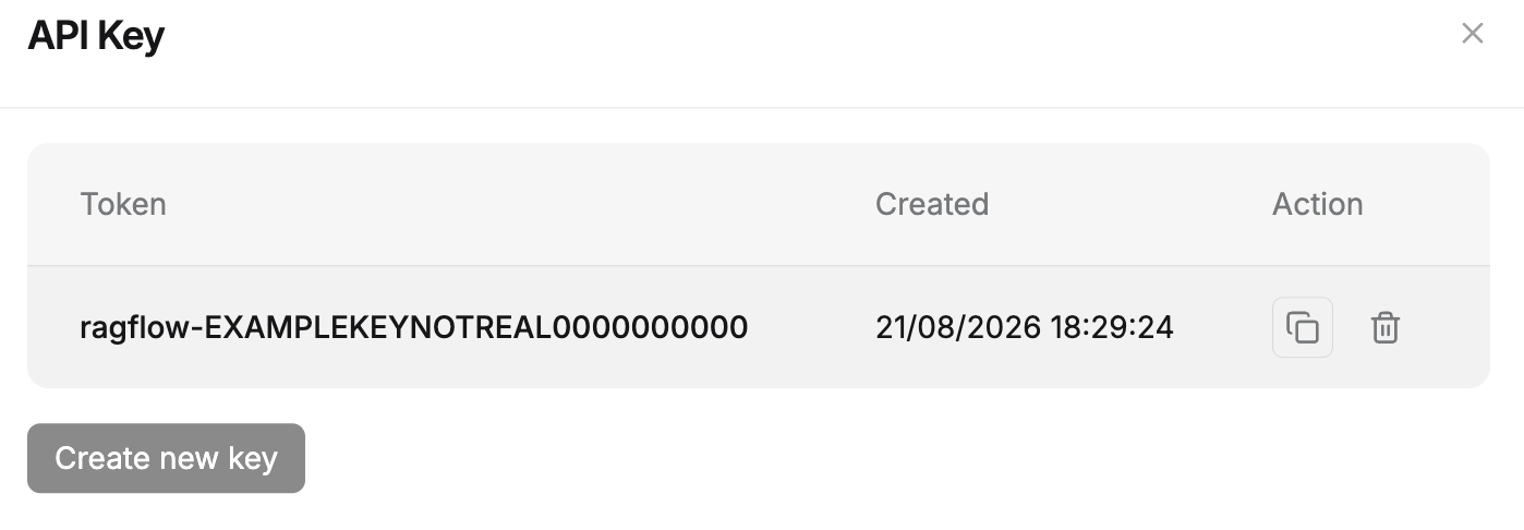 RAGflow API page with a generated key, value masked