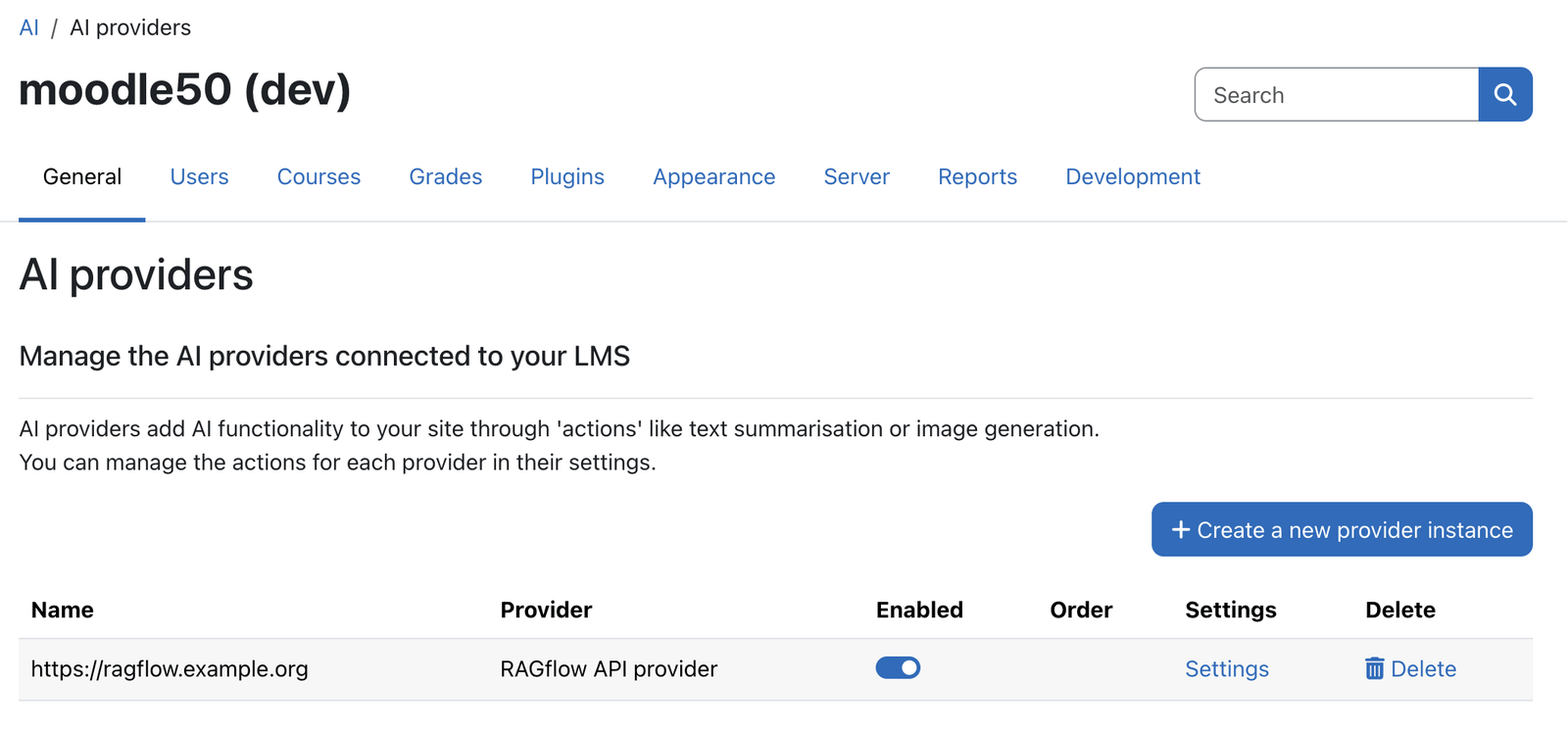 Moodle AI providers overview page with the RAGflow provider listed