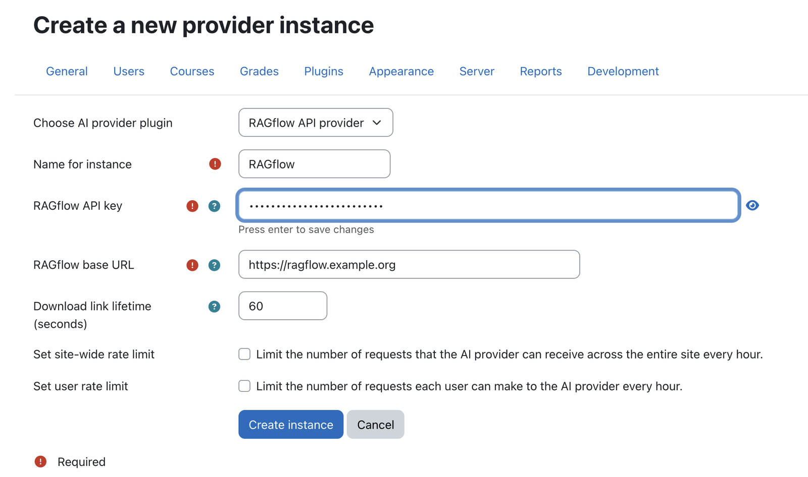 Moodle form for adding a RAGflow AI provider instance with base URL and API key