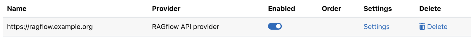 Moodle AI providers list showing the RAGflow provider enabled