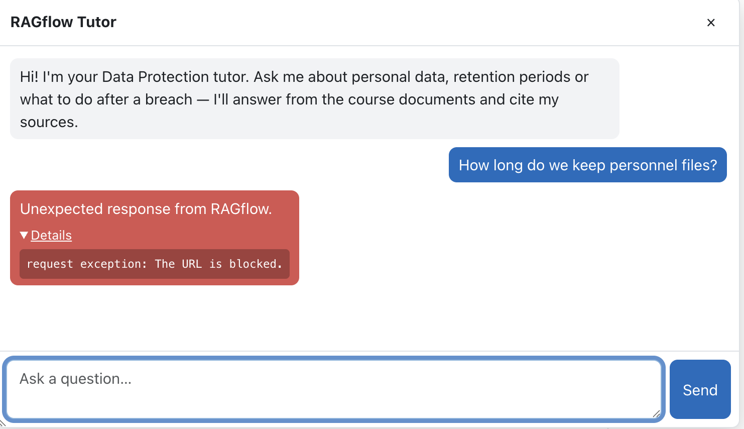 RAGflow chat error message with the Details disclosure expanded showing a blocked-URL request exception
