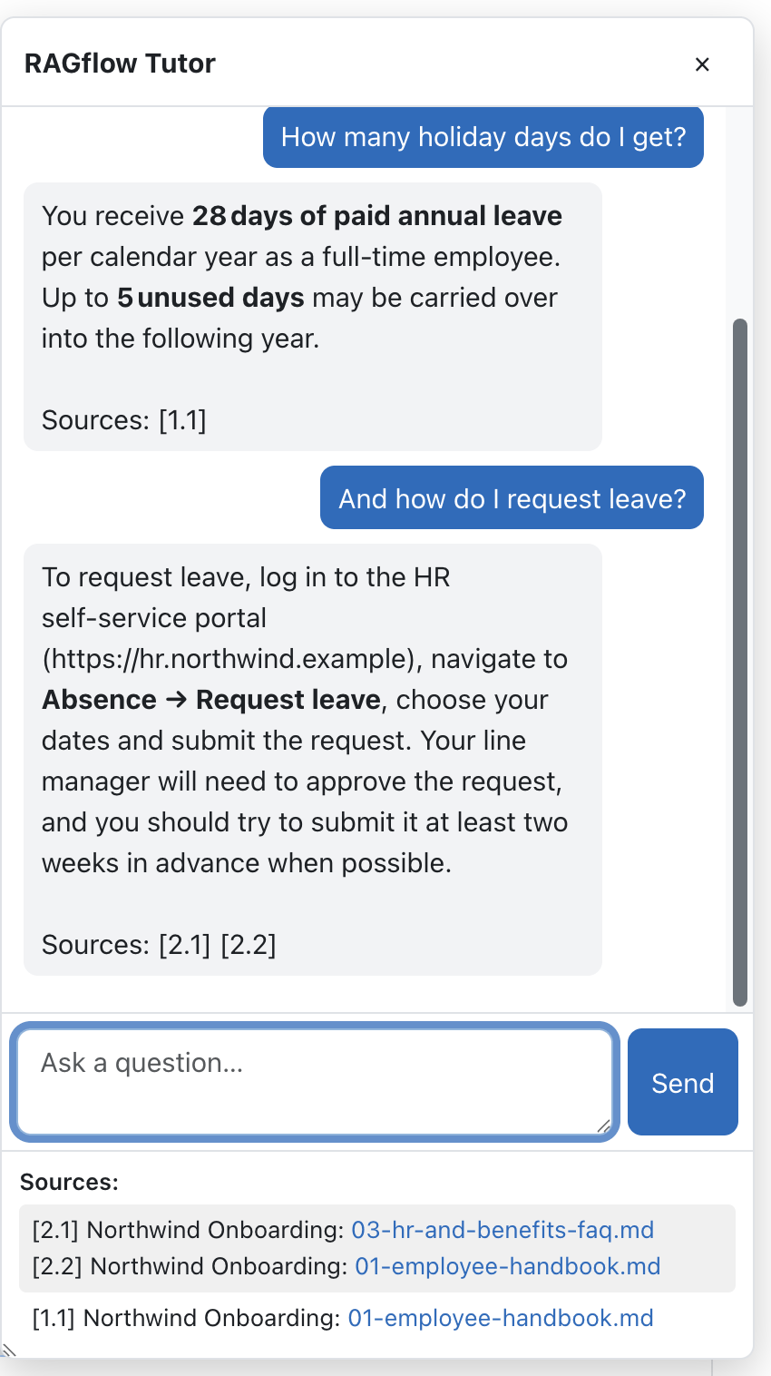 Tutor drawer with an answer, a Sources line and the Sources panel listing documents