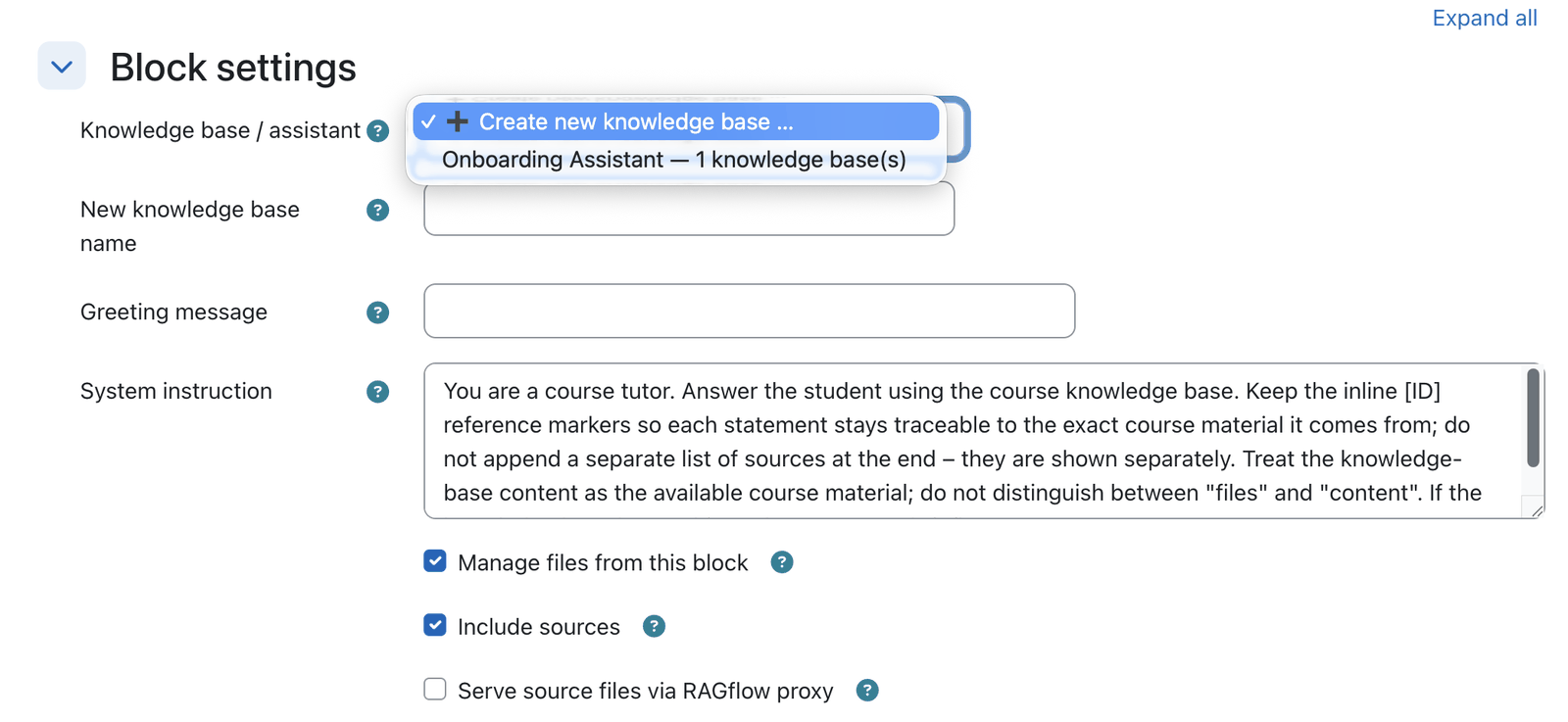 Tutor block configuration with the knowledge base dropdown open showing Create new knowledge base