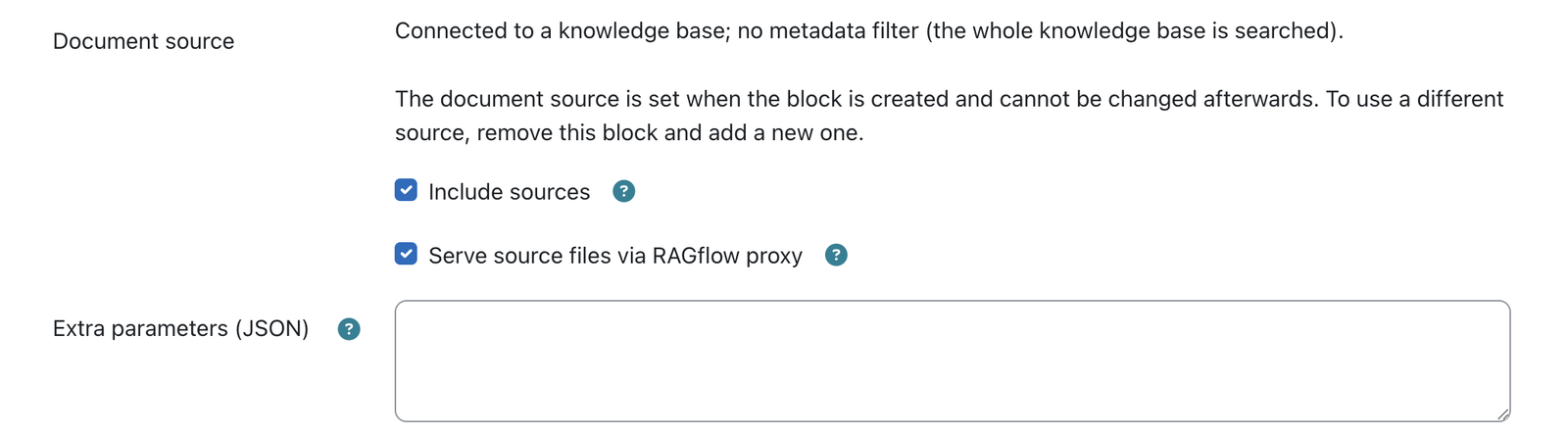 Tutor block configuration showing the read-only document source and the citation checkboxes