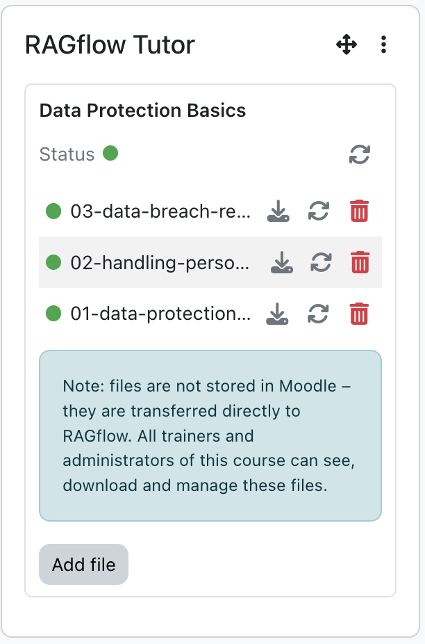 In-block knowledge base panel with a green status indicator and a list of files