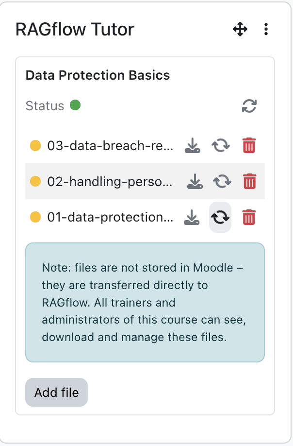 Knowledge base panel with all three files showing the amber re-processing state