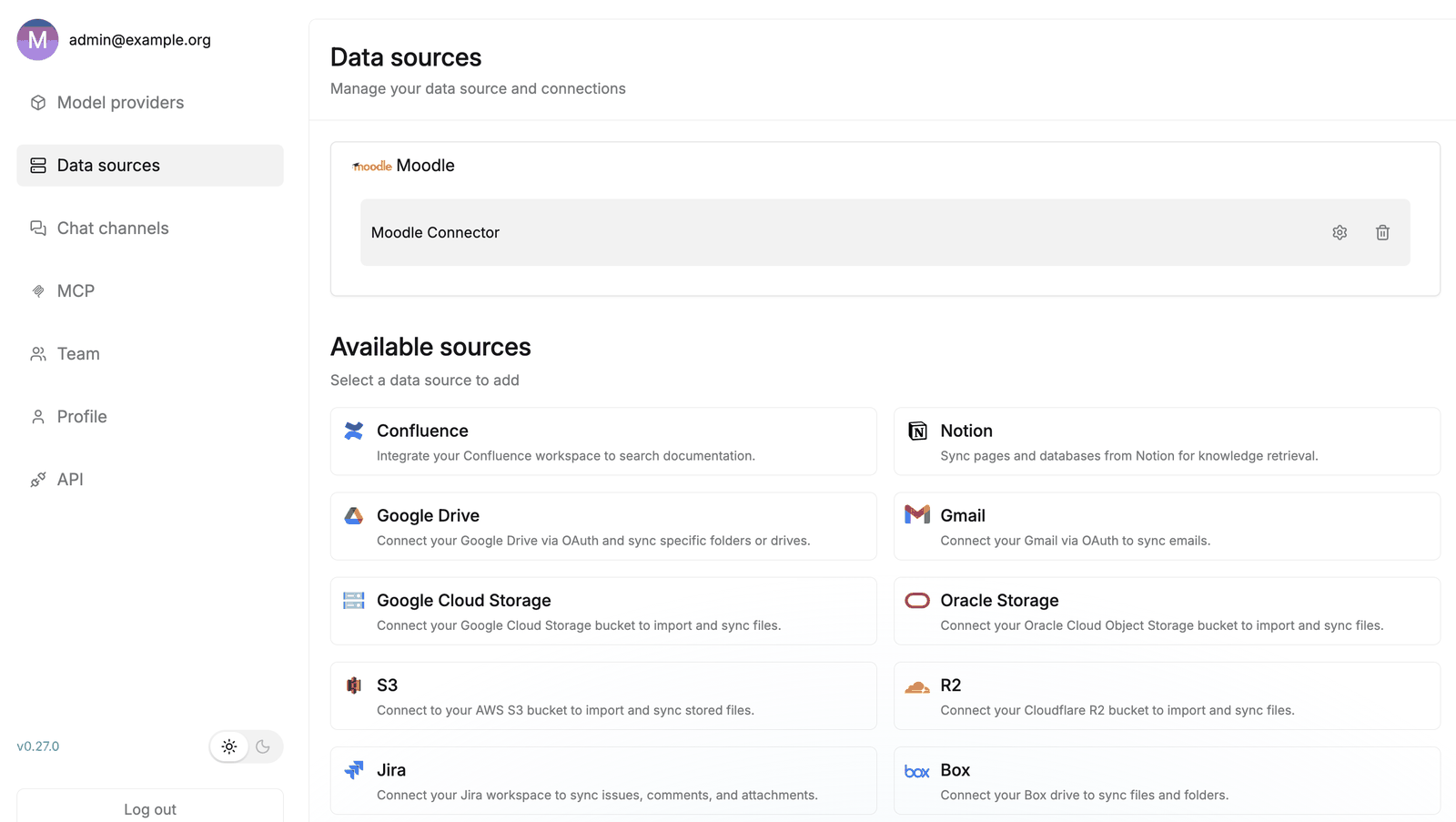 RAGflow Data sources page with the Moodle connector among the connectors
