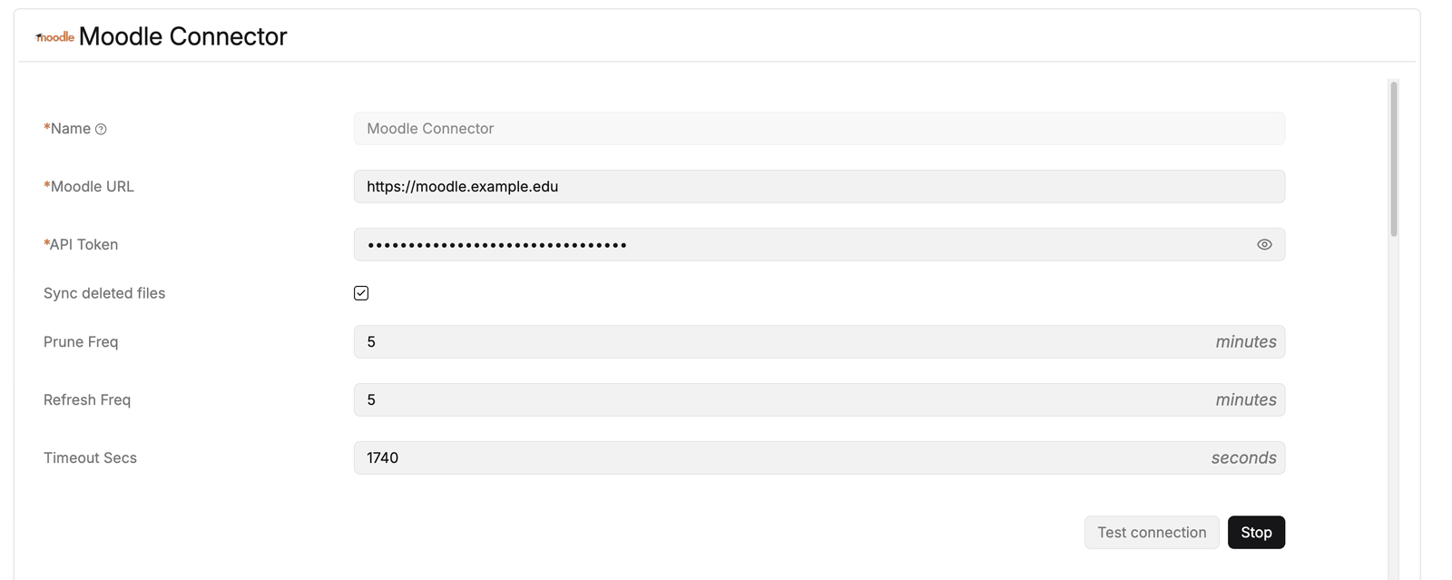 RAGflow Moodle data source form with the Moodle URL, API token and sync options
