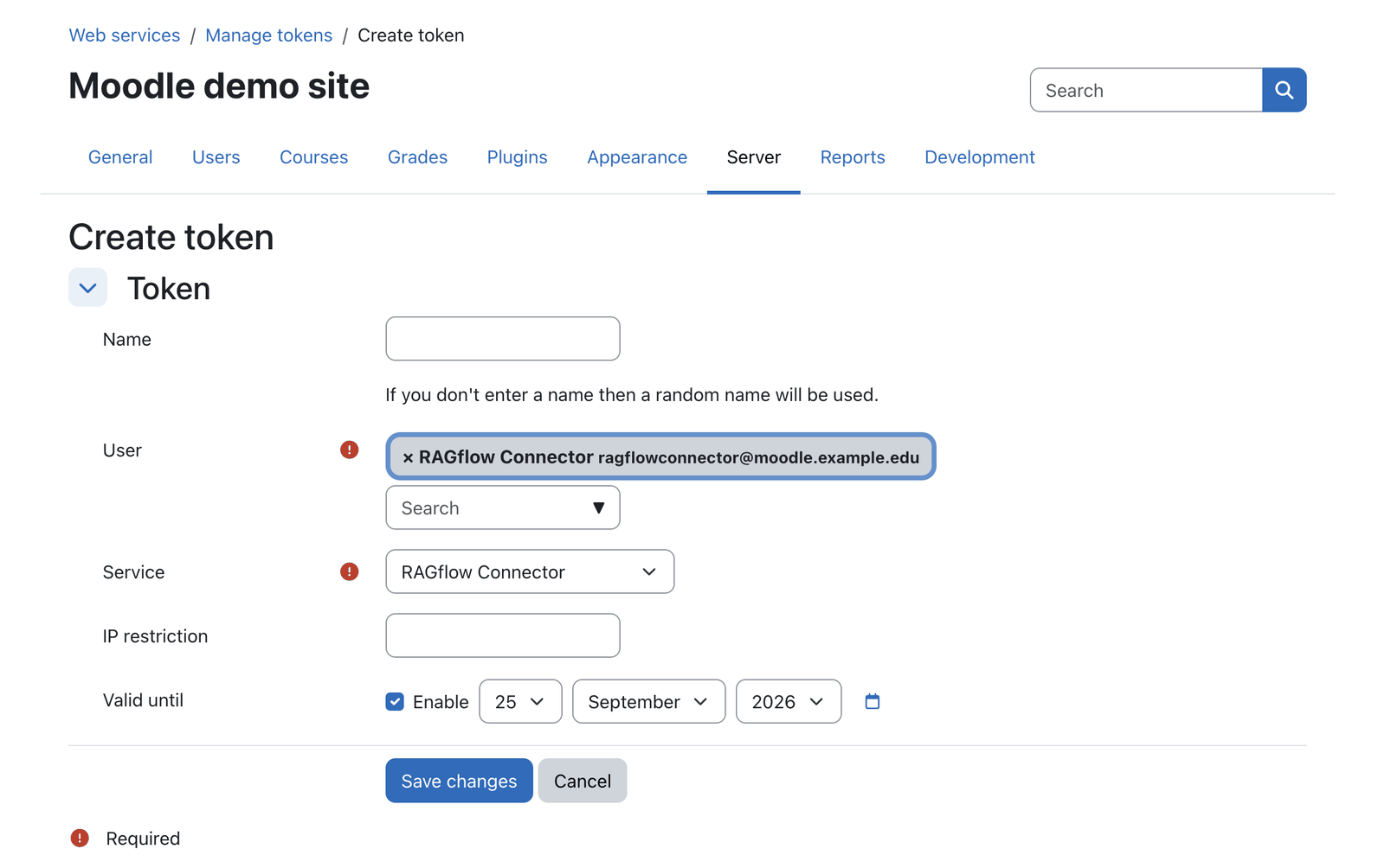 Moodle Manage tokens page creating a web-service token